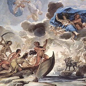 La barque de Charon fait traverser le Styx (ou l'Achéron) aux morts qui entrent dans les Enfers, fresque de Luca Giordano, 1685, Florence.